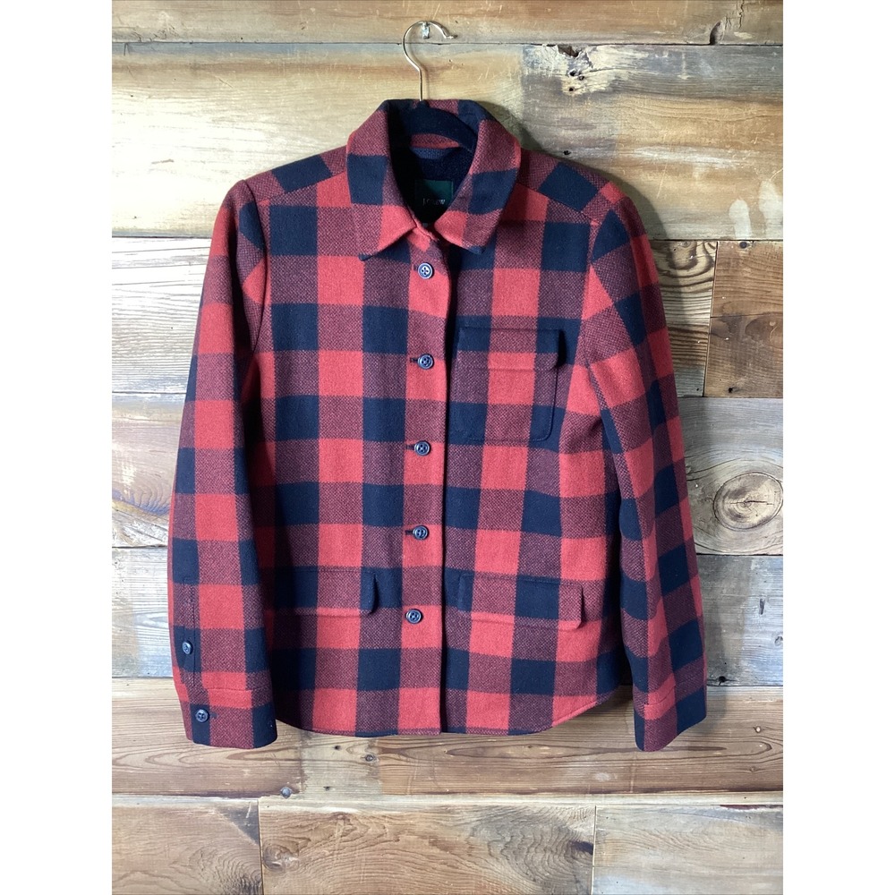 J. CREW RED BLACK BUFFALO PLAID FLEECE LINED WOOL BUTTON UP Barn COAT SZ 8